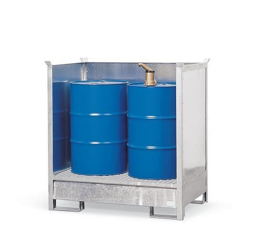 Station de matières dangereuses DENIOS 2 P2-O en acier, galvanisé, pour 2 fûts de 200 litres chacun, 3 parois, empilable, 114-484