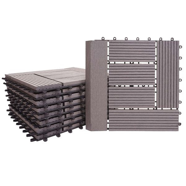Carrelage de sol Mendler WPC Rhône + finition, balcon/terrasse aspect bois, 11x chaque 30x30cm = 1m² Premium, décalage gris, 77629