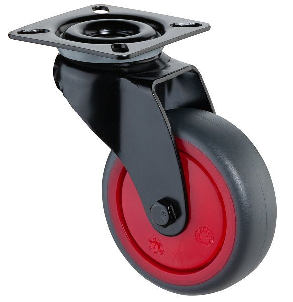 Roulettes BS Roulette pivotante noire, roue en caoutchouc thermoplastique gris, jante rouge, roulement à billes, platine, diamètre : 75 mm, lot de 4, A800.A85.075.03