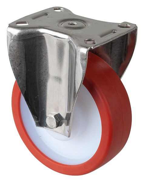 Roulettes BS roulette fixe pour charges lourdes en acier inoxydable, acier inoxydable, roue en polyuréthane à palier lisse rouge, plaque à visser 125 mm, capacité de charge 300 kg, HS110.B27.125