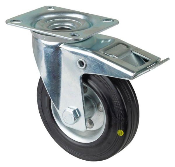 Rouleau de transport BS rollers avec frein, largeur 37 mm, Ø125 mm, jusqu'à 120 kg, caoutchouc noir, roulement à rouleaux, plaque, lot de 2, L420.B58.125