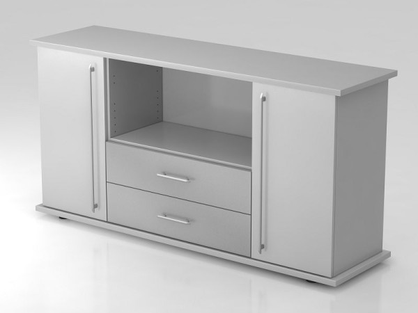 Buffet Hammerbacher 2 portes, 2 tiroirs, poignée de garde-corps gris/gris, 166,1x44,8x84 cm (LxPxH), VSBTS/5/5/RE