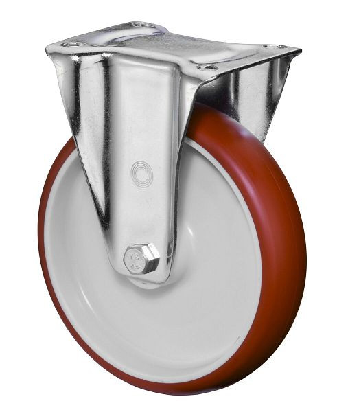 Rouleau de transport BS rollers, largeur 32 mm, Ø125 mm, jusqu'à 180 kg, bande de roulement polyuréthane rouge, corps de roue en plastique, roulement à rouleaux, plaque, LB510.B31.125