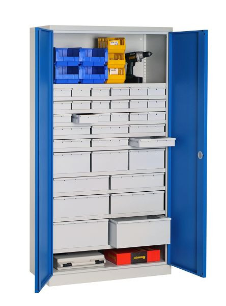 Armoire d'atelier équipée SOFAME 1000x500x1950mm, tiroirs : 18 + 6 + 3 + 2 + 2 + 2 + 10 étagères, gris clair, W030090024GCGC