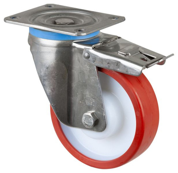 Roulettes BS Roulette robuste en acier inoxydable avec frein, B45 mm, Ø150 mm, jusqu'à 600 kg, surface polyuréthane rouge, roulement à rouleaux, HS120.B28.150