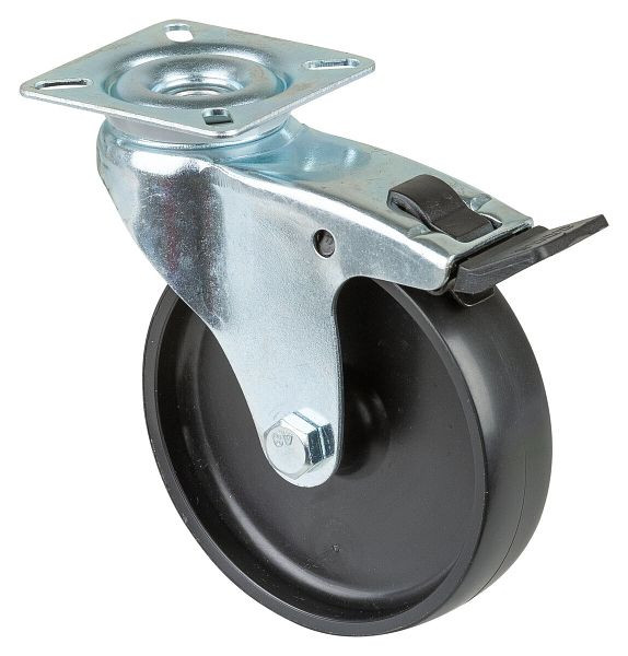 Rouleau d'appareil BS rollers, plateau, frein, largeur 23 mm, Ø100 mm, jusqu'à 65 kg, bande de roulement en plastique noir, roulement lisse, lot de 4, A320.A90.100