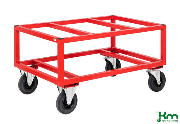 Chariot à palettes Kongamek, 2 roulettes fixes et 2 pivotantes en caoutchouc plein, rouge, 1200 x 800 x 650 mm, KM221
