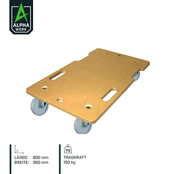 Rouleau polyvalent Alpha Work 350x600 mm, roue en plastique 75 mm, surface en bois peint, capacité de charge 150 kg, lot de 2, 05904