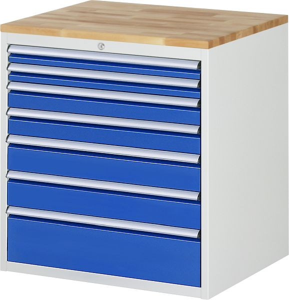 Armoire à tiroirs RAU série 7000, plan de travail en hêtre massif, 7 x taille de tiroir XL 2xH60, 2xH90, 2xH120, 1xH180 mm, 770x825x650 mm, 03-XL5.0A-B.11