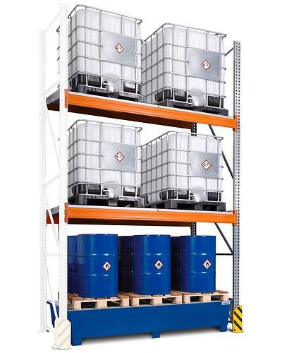 Rayonnage à palettes pour matières dangereuses DENIOS, zone supplémentaire, 3 niveaux de stockage, bac collecteur peint, 2800 x 1300 x 4400 mm, 305417