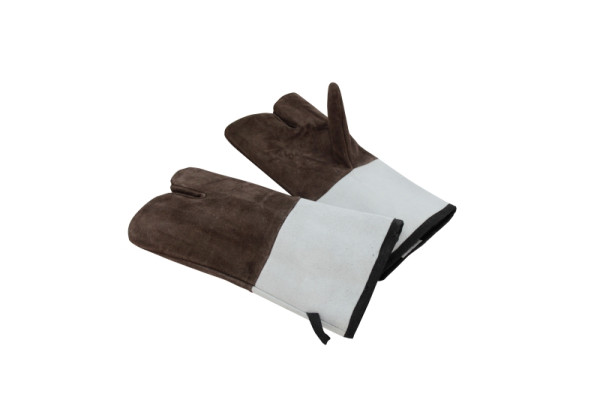 Gants de cuisson en cuir Schneider "250 °" 3 doigts, 340 mm, marron, avec manchette grise, UE : 1 paire, 310024