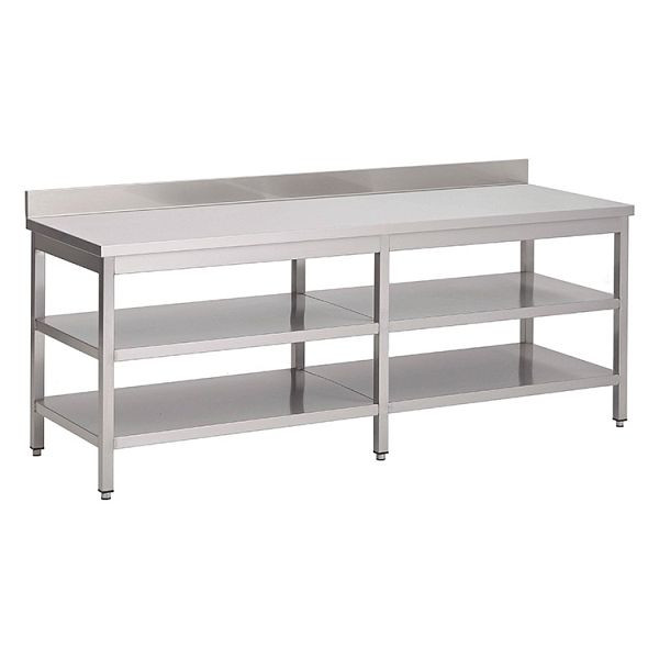 Table de travail Gastro-Inox en acier inoxydable AISI 430 avec double fond et dosseret, 2600x700x850mm, renforcé de 18 mm, aggloméré enduit, 301.344
