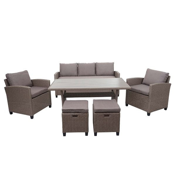 Ensemble de rotin synthétique Mendler HWC-E95, ensemble jardin/salon, rotin demi-rond poly filé, gris-marron, coussins gris, 69076+69077+69078