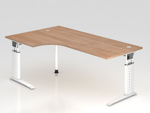 Table d'angle Hammerbacher pied C 200x120cm 90° noyer/blanc, forme d'angle 90°, peut être montée à gauche ou à droite, hauteur de travail 68-86 cm, VUS82/N/W