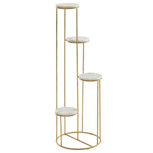 Wohnling Support à Fleurs en Marbre véritable Blanc 36,5 x 107,5 x 36,5 cm Support à Plantes sur Pied doré, Tabouret à Fleurs sur Pied pour Salon avec 4 étagères, WL6.678