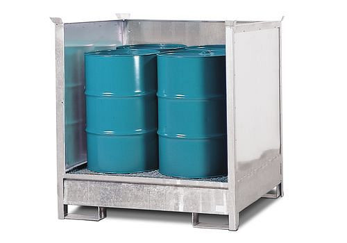 Station de matières dangereuses DENIOS 4 P2-O-V50 en acier, galvanisé, pour 4 fûts de 200 litres chacun, 3 parois, empilable, 178-414
