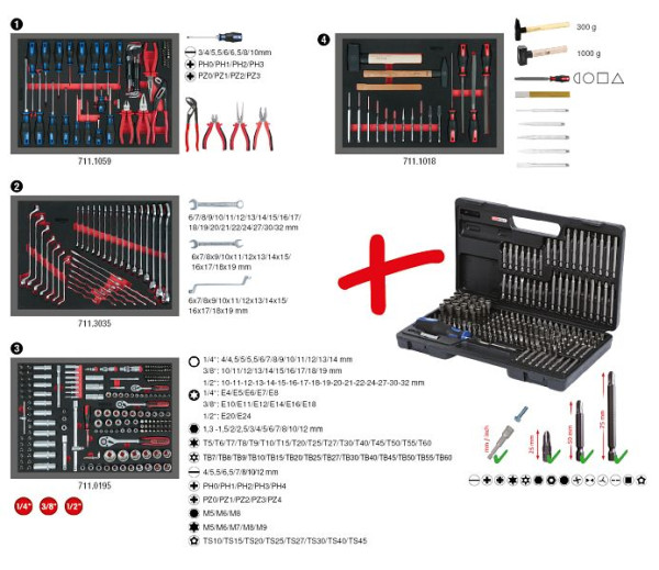 Jeu d'inserts système universel KS Tools pour 4 tiroirs avec 515 outils premium, 713.0515