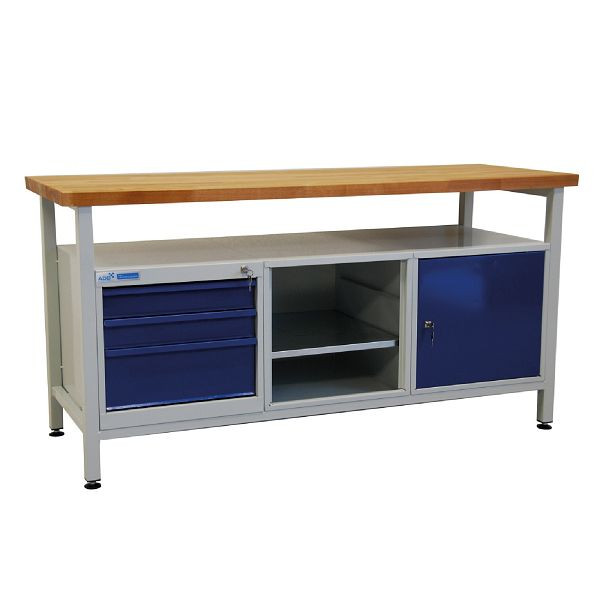 Etabli ADB 3 tiroirs + 1 partie étagère + 1 porte, étagère, 1700x600x840 mm, table de travail : gris clair, RAL 7035, couleur porte/tiroir : bleu clair (RAL 5012), 42752