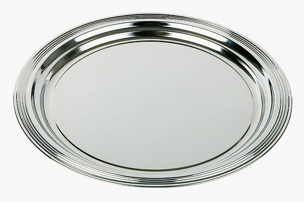 Assiette de fête APS -CLASSIC-, Ø 35 cm, métal nickelé et chromé brillant, avec décoration linéaire, bord roulé, lot de 48, 00396
