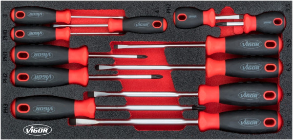 Jeu de tournevis VIGOR, profil à fente, profil à fente cruciforme PH, 0,6 x 3 - 1,6 x 10, PH1 - PH3, nombre d'outils : 12, V4989