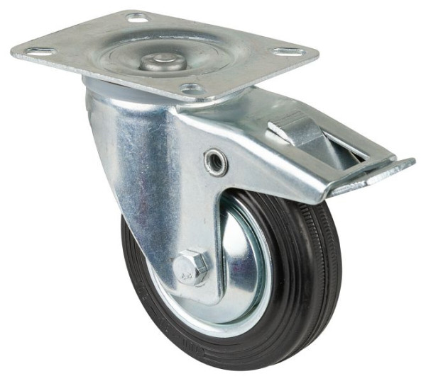 Rouleau de transport BS rollers avec frein, largeur 30 mm, Ø100 mm, jusqu'à 70 kg, caoutchouc noir, roulement à rouleaux, plateau, lot de 4, L420.B55.101