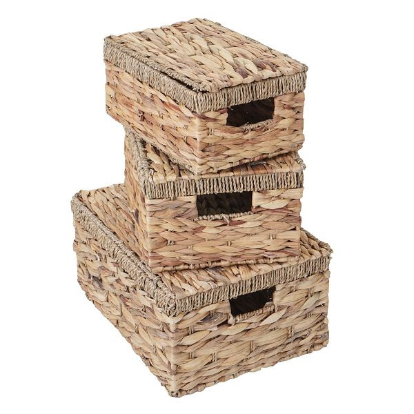 Mendler set de 3 boîtes de rangement HWC-C23, coffre avec couvercle, jacinthe d'eau couleur naturelle, 61209