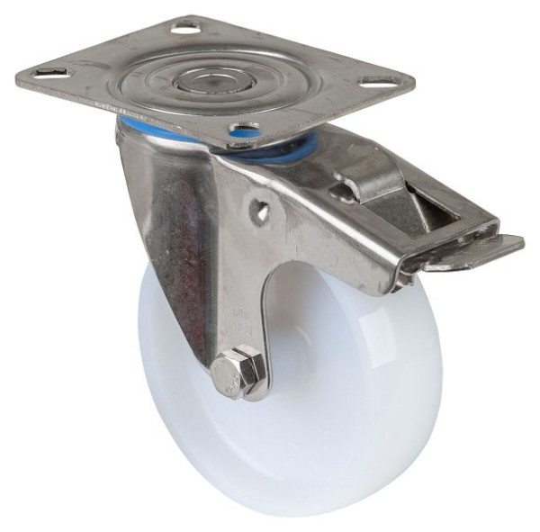 Rouleau de transport en acier inoxydable avec frein, largeur 30 mm, Ø100 mm, jusqu'à 130 kg, bande de roulement/corps de roue en plastique, palier lisse, plaque, H120.A90.100