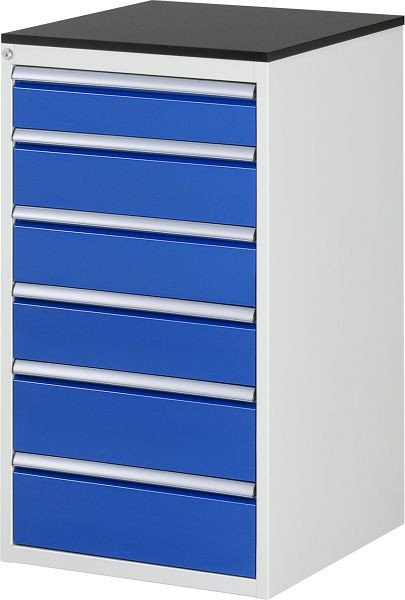 Armoire à tiroirs RAU série 7000, L580xP650xH1030mm, tiroirs : 1xH120, 3xH150, 2xH180mm, plan de travail avec revêtement en résine mélamine, 03-L7.6A-M.11
