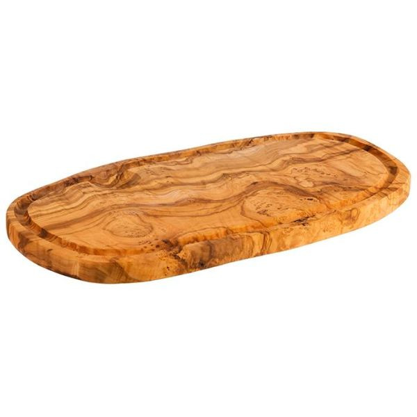 Planche de service APS -OLIVE-, 34,5 x 18,5 cm, hauteur : 2 cm, bois d'olivier, avec rainure à jus, unique par sa taille, sa forme, sa couleur et son grain, 01021
