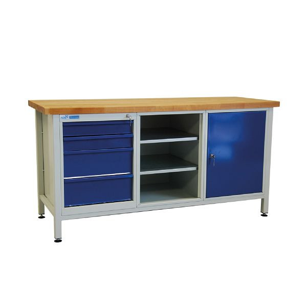 Etabli ADB 1 partie étagère + 4 tiroirs + 1 porte, 1700x600x840 mm, couleur table de travail : gris clair, RAL 7035, couleur porte/tiroir : bleu clair (RAL 5012), 42736