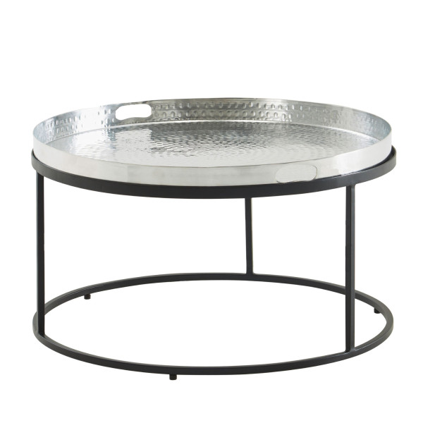 Wohnling table basse métal martelé 62x62x36 cm table de canapé aluminium argent noir, table de salon design plateau amovible rond, WL6.692