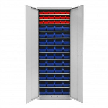 Armoire à portes battantes ADB avec 58 boîtes de rangement et étagères visibles, dimensions LxLxH : 116x212x75 mm, couleur : rouge, couleur : bleu, 40829