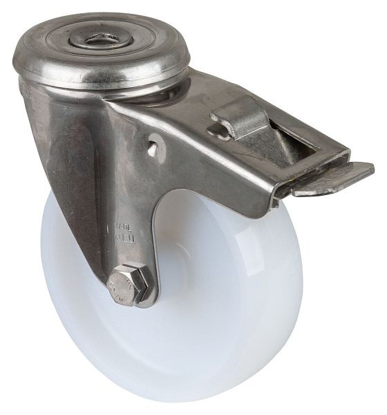 Rouleau de transport BS rollers en inox avec frein, largeur 30 mm, Ø100 mm, jusqu'à 130 kg, bande de roulement/corps de roue en plastique, palier lisse, H121.A90.100