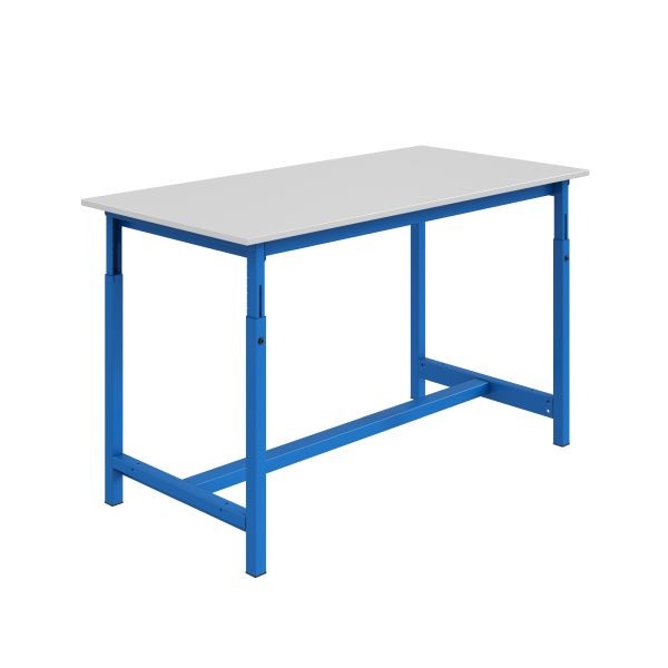 Etabli SOFAME PT, réglable en hauteur mécaniquement, 1200 x 750 x 770 à 1050 mm, plan de travail stratifié RESITOP 30 mm, bleu ciel RAL 5015, W010020282BI