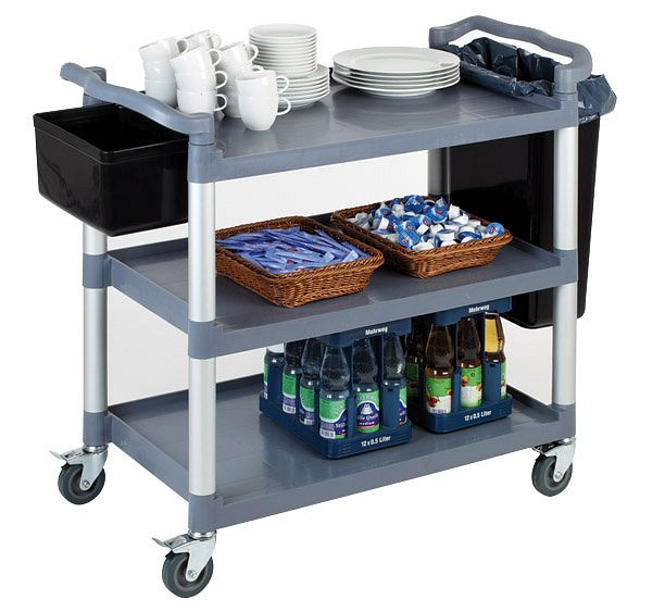 Chariot de service/transport APS, 108 x 50 cm, hauteur : 96 cm, polypropylène, gris, structure aluminium, 3 étagères, 11945
