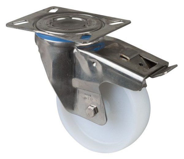 Rouleau de transport en acier inoxydable avec frein, largeur 37,5 mm, Ø125 mm, jusqu'à 250 kg, bande de roulement/corps de roue en plastique, palier lisse, plaque, H120.A90.126