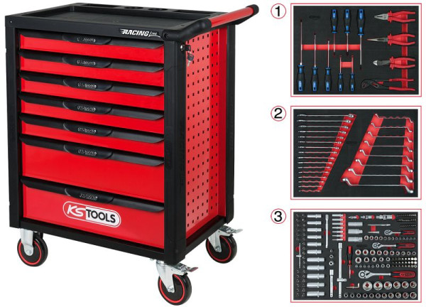 Chariot d'atelier KS Tools RACINGline NOIR/ROUGE avec 7 tiroirs et 215 outils premium, 826.7215