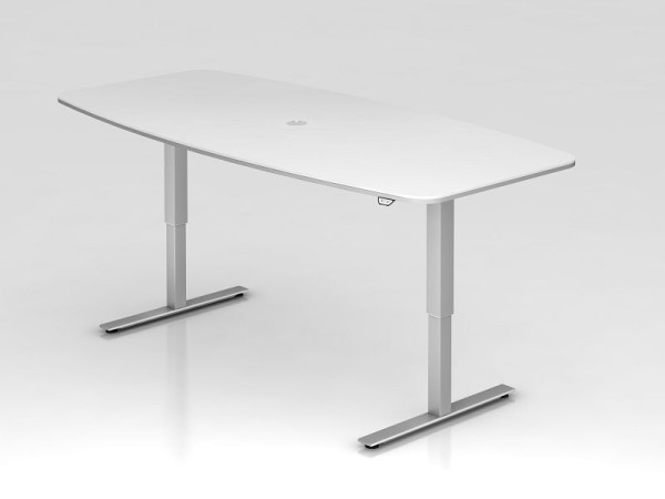 Table de conférence Hammerbacher avec interrupteur à bouton-poussoir, blanche, en forme de tonneau, avec 1 sortie de câble 8 cm, VXMST22/W/S