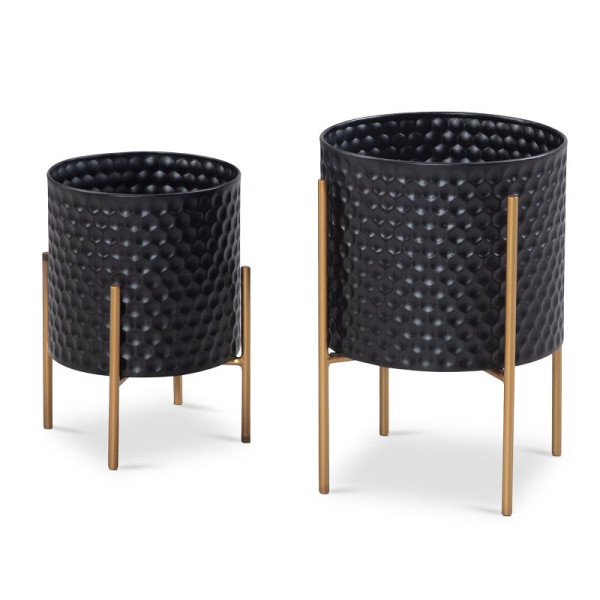 Wohnling pot de fleurs lot de 2 pots de fleurs en métal noir/or avec pieds, pot de fleurs design rond, avec motif nid d'abeille en 3D, WL6.752