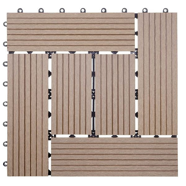 Carrelage de sol Mendler WPC Rhone, balcon/terrasse aspect bois, 11x chaque 30x30cm = 1m², base, décalage en teck, 54443