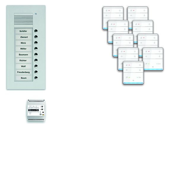 Système de commande de porte audio TCS : pack UP pour 9 unités résidentielles, avec poste extérieur PUK 9 boutons de sonnerie, 9x haut-parleur mains libres ISW5010, unité de commande BVS20, PPUF09-EN / 01