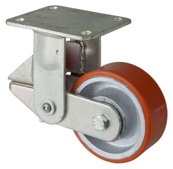 Roulettes BS Roulette robuste à ressort, roulette fixe, largeur 50 mm, Ø125 mm, jusqu'à 550 kg, bande de roulement polyuréthane coulé 95 Shore A, fonte, roulement à billes, T110.C10.125