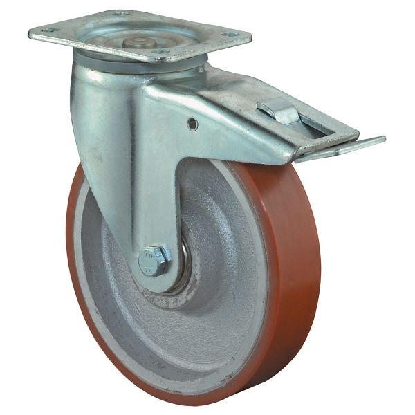 Roulettes BS Roulette robuste avec frein, largeur 50 mm, Ø200 mm, jusqu'à 1000 kg, bande de roulement polyuréthane coulé 95 Shore A, fonte, roulement à billes, L620.C10.200