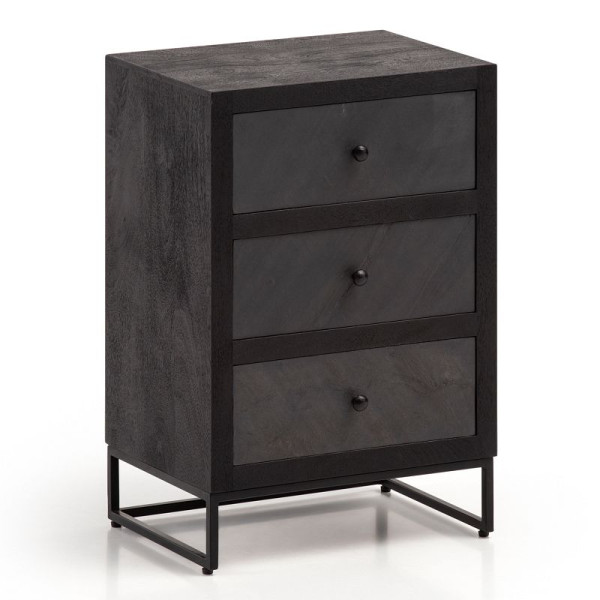 Wohnling table de chevet bois massif de manguier / aspect pierre 40x60x30 cm table de chevet lit à sommier tapissier, console de nuit design noire avec 3 tiroirs, WL6.768