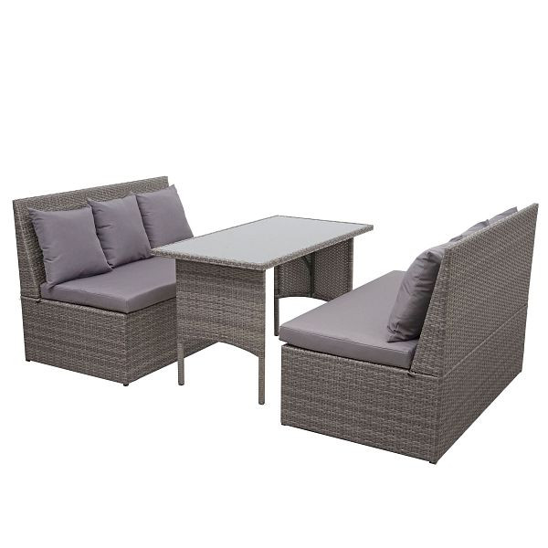Mendler ensemble rotin synthétique HWC-G16, salon de jardin/ensemble salon, table de canapé gastronomie 2x2, gris, coussins gris foncé, 70863