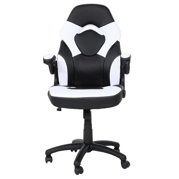 Chaise de bureau Mendler HWC-K13, chaise de jeu pivotante, ergonomique, accoudoirs réglables, simili cuir, noir et blanc, 87585