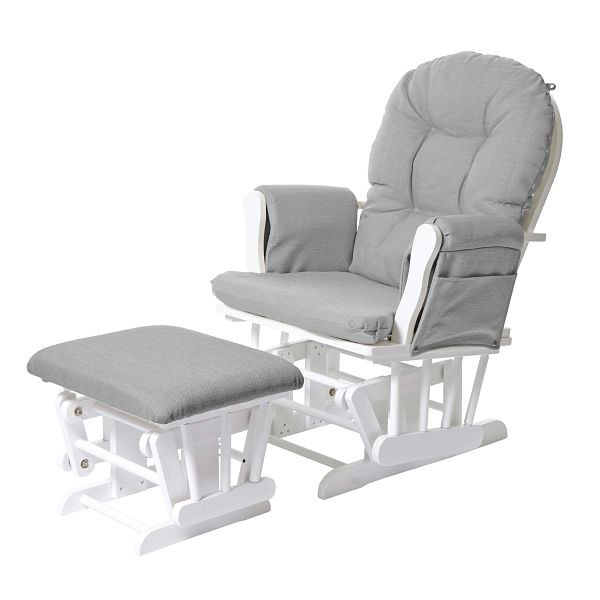 Fauteuil de relaxation Mendler HWC-C76, fauteuil à bascule avec tabouret, tissu/textile, gris clair, cadre blanc, 68390