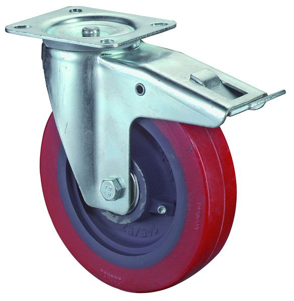 Rouleau de transport BS rollers avec frein, largeur 50 mm, Ø150 mm, jusqu'à 300 kg, bande de roulement en polyuréthane coulé, corps de roue en fonte, roulements à billes, L420.C11.150