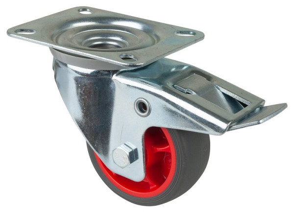Roulette de transport pivotante à roulettes BS avec frein, roue en caoutchouc thermoplastique, bandage gris, roulement à rouleaux, platine : 80 mm, lot de 4, L420.B44.081.03