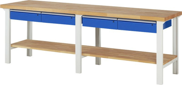 Etabli RAU série 7000 - conception modulaire, 4 tiroirs bas, étagère en hêtre massif, 2500x840x700 mm, 03-7002A7-257B4S.11